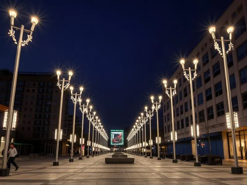 Public plaza lit by tall decorative poles